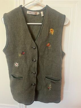 Women's Vintage Olive Green Embroidered Button Vest